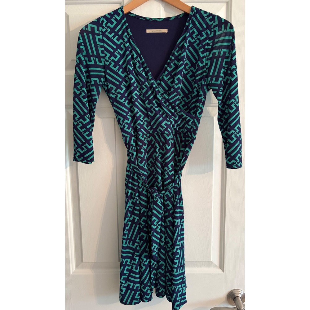 41 Hawthorn Womens Teal Navy Geometric Greek Key Faux Wrap Dress 3/4 Sleeve